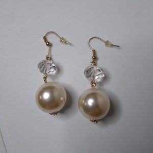 Vintage Clear Glass Bead And Faux Pearl Dangle Earrings